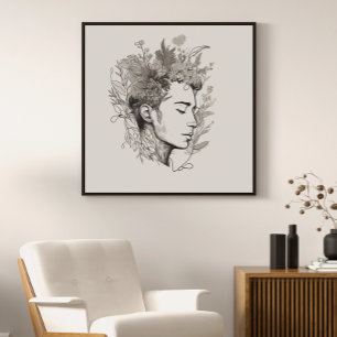 Poster Man Black Line Art avec Flower Boho style