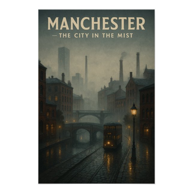 Poster Manchester, Angleterre – La ville dans la brume (Devant)