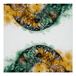 Poster Mandala aquarelle vert et orange vibrant