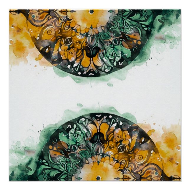 Poster Mandala aquarelle vert et orange vibrant (Devant)