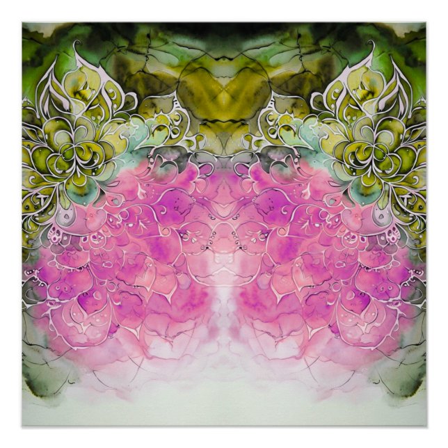 Poster Mandala aquarelle verte et rose abstraite  (Devant)
