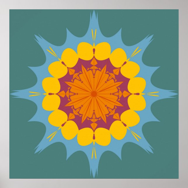 Poster Mandala artistique en jaune, violet, bleu (Devant)