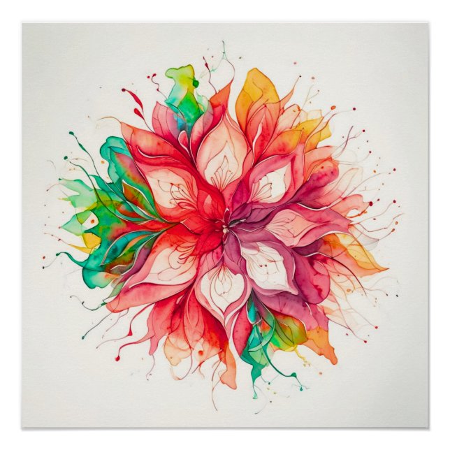 Poster Mandala bohème floral aquarelle multicolore (Devant)