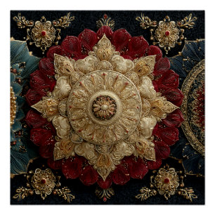 Poster Mandala de bijou en ornement doré sarcelle cramois
