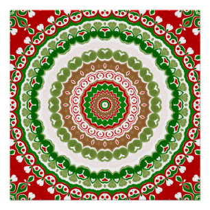 Poster Mandala de Noël en rouge, vert et or chaud