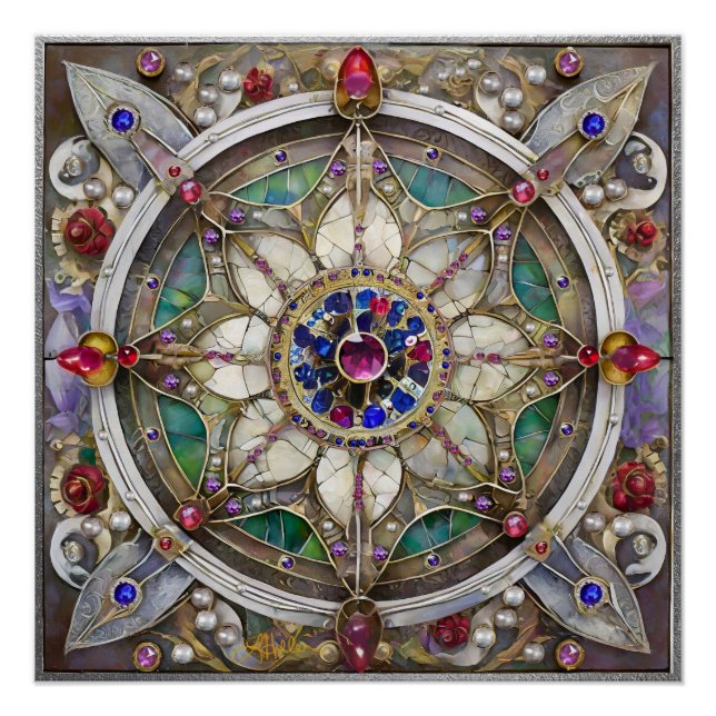 Poster Mandala de rubis, d'améthyste, de saphir et de per (Devant)
