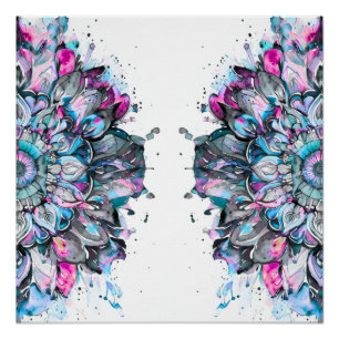 Poster mandala floral aquarelle bleu rose vert