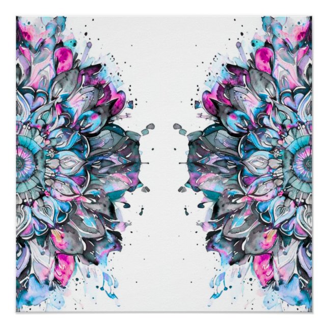 Poster mandala floral aquarelle bleu rose vert (Devant)