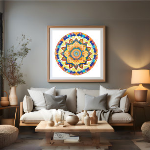 Poster Mandala Flower Magic Blue Aquarelle