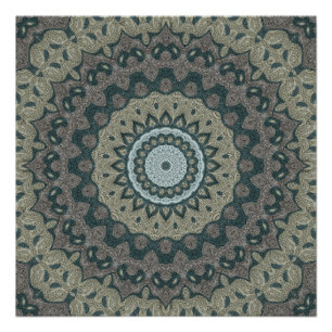 Poster Mandala Taupe et Bleu Vert avec Symétrie Tribale