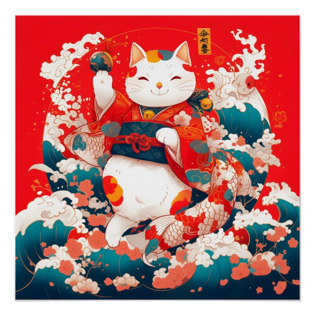 Poster Maneki-Neko, Chat japonais chanceux (Devant)