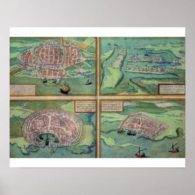 Poster Map of Calais, Malte, Rhodes, et Famagusta, from (Devant)