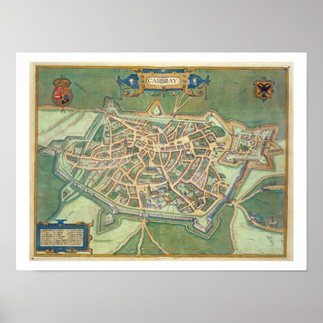 Poster Map of Cambrai, from 'Civitates Orbis Terrarum' by (Devant)