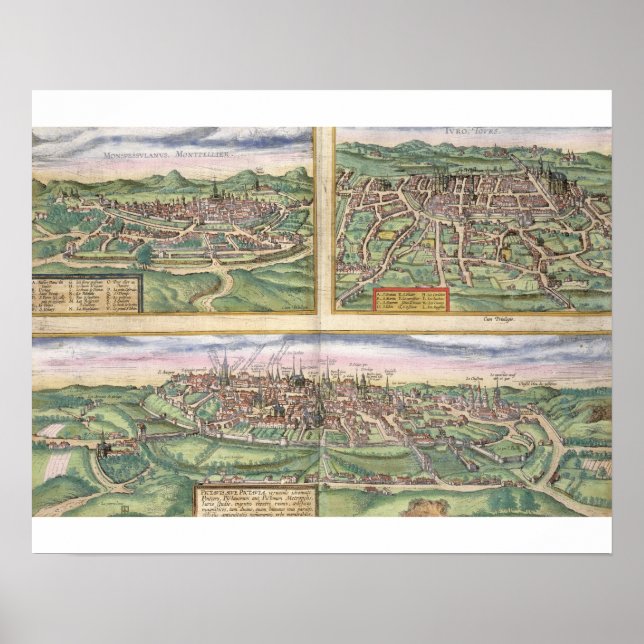 Poster Map of Montpellier, Tours, and Poitiers, from 'Civ (Devant)
