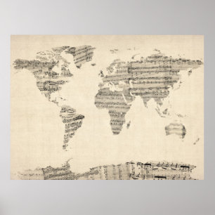 Poster Map of the World Map from Old Sheet Music