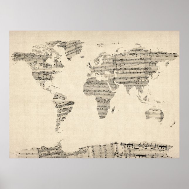 Poster Map of the World Map from Old Sheet Music (Devant)