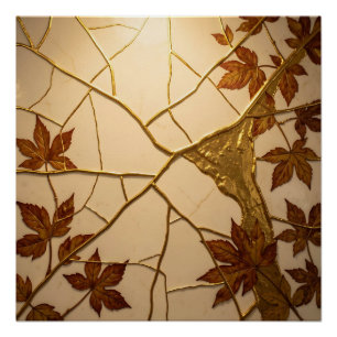Poster Marbre aux feuilles d'automne Kintsugi doré 