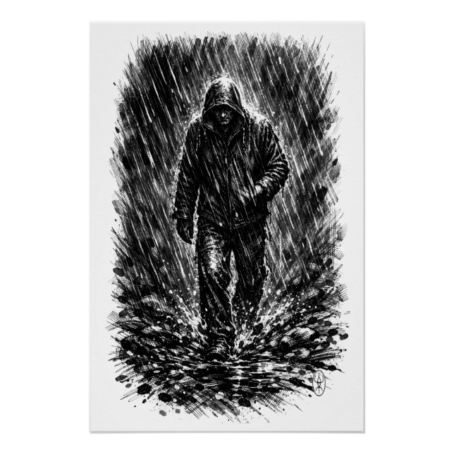 Poster Marcheur sous la pluie – Illustration à l'encre ha (Devant)