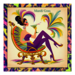 Poster Mardi Gras Femme Au Milieu Du Siècle Avec Martini
