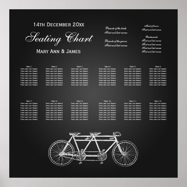 Poster Mariage Carte de siège Tandem Vélo noir (Devant)