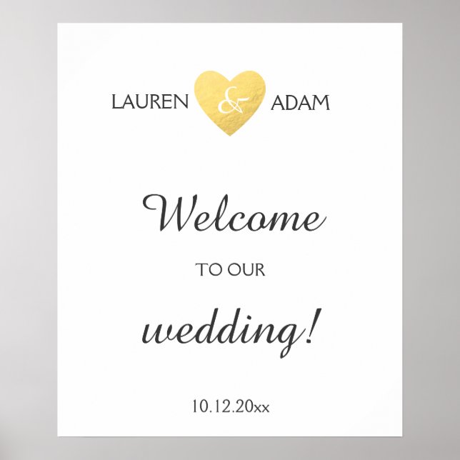 Poster Mariage de bienvenue signe faux coeur or, noms per (Devant)
