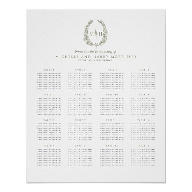 Poster Mariage de couronnes feuilles vertes 16 tables (Devant)