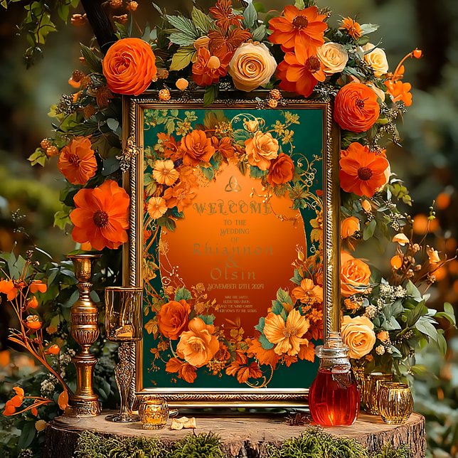 Poster Mariage druide d'automne orange et vert (Druid Hills Autumn Wedding Floral Glossy Welcome Poster )