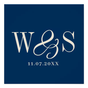 Poster Mariage élégant bleu marine initiales couple