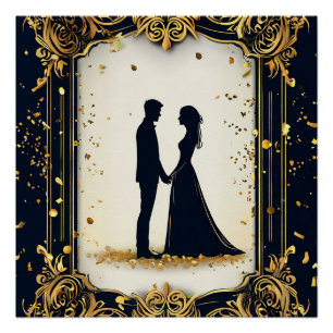Poster Mariage élégant silhouette avec cadre doré orné