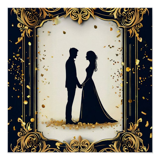 Poster Mariage élégant silhouette avec cadre doré orné (Devant)