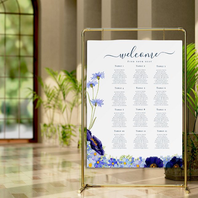 Poster Mariage Fleur Sauvage Moderne Bleu (Elegant wildflower blue floral wedding 12 table seating plan welcome)