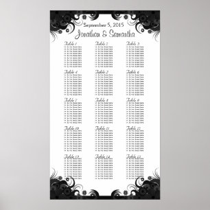 Poster Mariage noir et blanc 15 tables Cartes de sièges