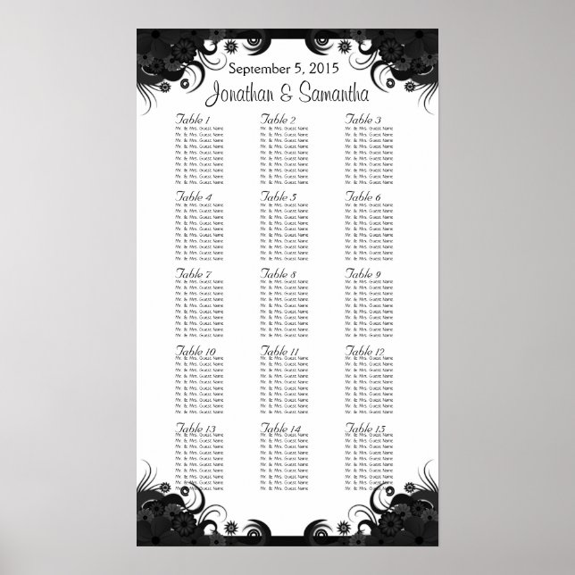 Poster Mariage noir et blanc 15 tables Cartes de sièges (Devant)