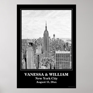 Poster Mariage NYC Skyline ESB WTC Etch BW