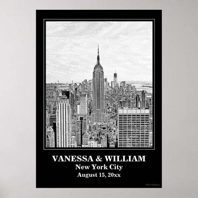 Poster Mariage NYC Skyline ESB WTC Etch BW (Devant)
