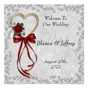 Poster Mariage Rose Romantique, Diamants et Ruban Rouge