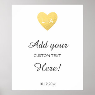 Poster Mariage signe texte personnalisé, faux coeur d'or