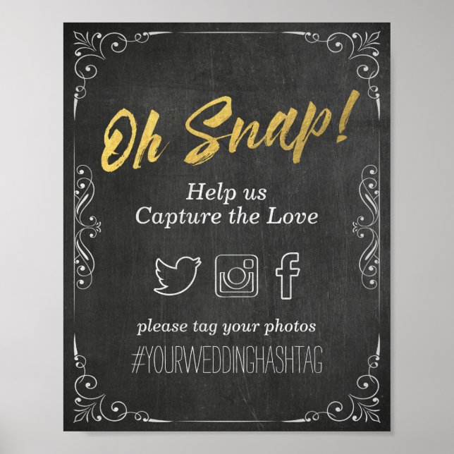 Poster Mariage Snap Hashtag Black Gold Script Chalkboard (Devant)