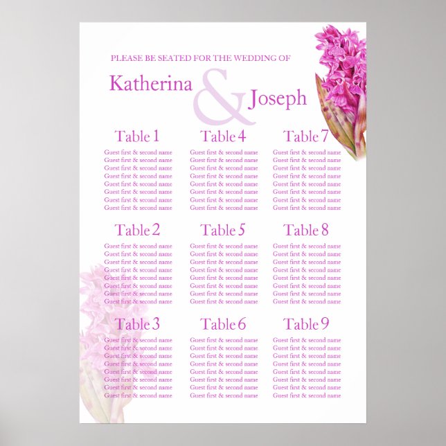 Poster Mariage violet orchidée Planificateur de table 1-9 (Devant)