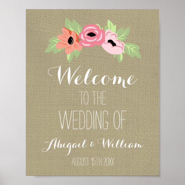 Poster Mariage Welcome Custom Sign Burlap Spring Floral (Devant)