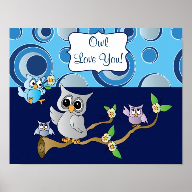 Poster Marine Blue and Grey Baby Owl Design (Devant)