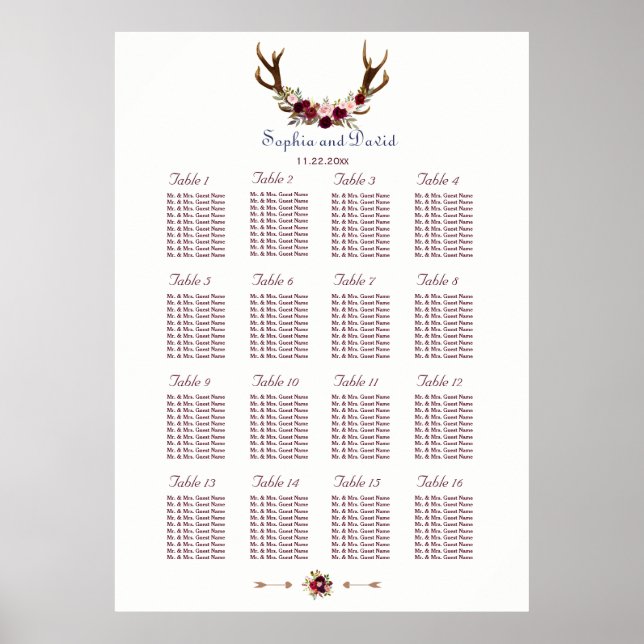 Poster Marsala Floral Antlers Mariage de automne bleu mar (Devant)