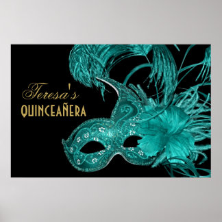 Poster Mascarade quinceañera anniversaire masque turquois