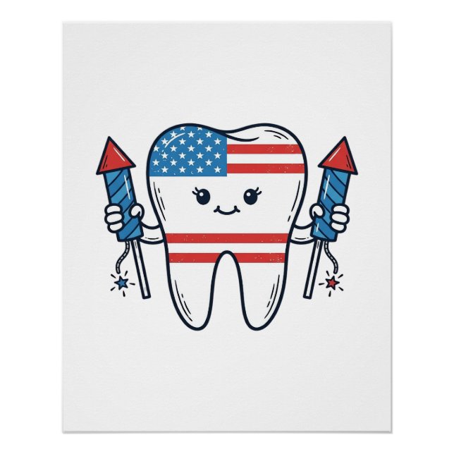 Poster Mascotte de dent patriotique Feu d'artifice Concep (Devant)