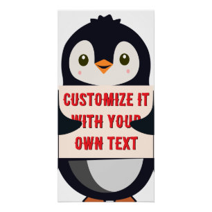 Poster Mascotte manchot tenant un panneau pour un texte p