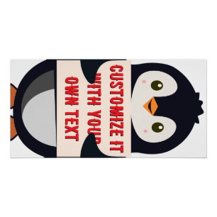 Poster Mascotte pingouin tenant un panneau pour un texte