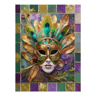 Poster Masque de plumes de paon vert et or de Mardi Gras