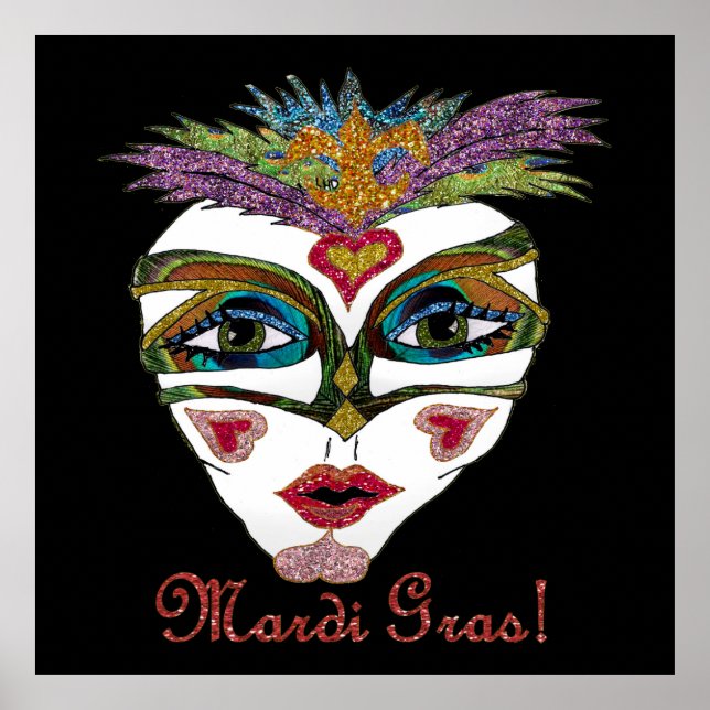 Poster Masque de plumes de Parties scintillant Mardi Gras (Devant)