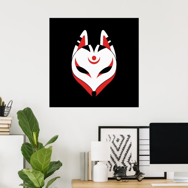 Poster Masque japonais Kitsune Fox sur noir (Bureau à domicile)