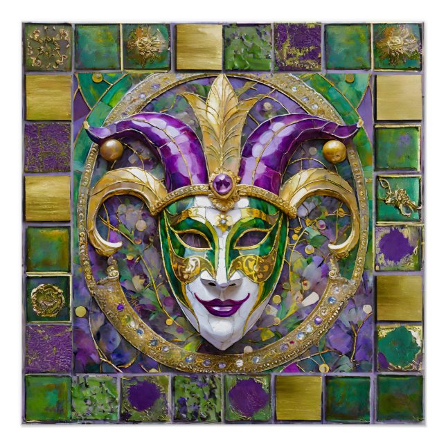 Poster Masque Mardi Gras Jester Vert Or (Devant)